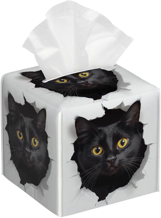 3D Brick Paper Black Cat Tissue Box Cover Leather Tissue Box Case Holder Decorative Facial Paper Organizer for Car Bathroom Tabletop