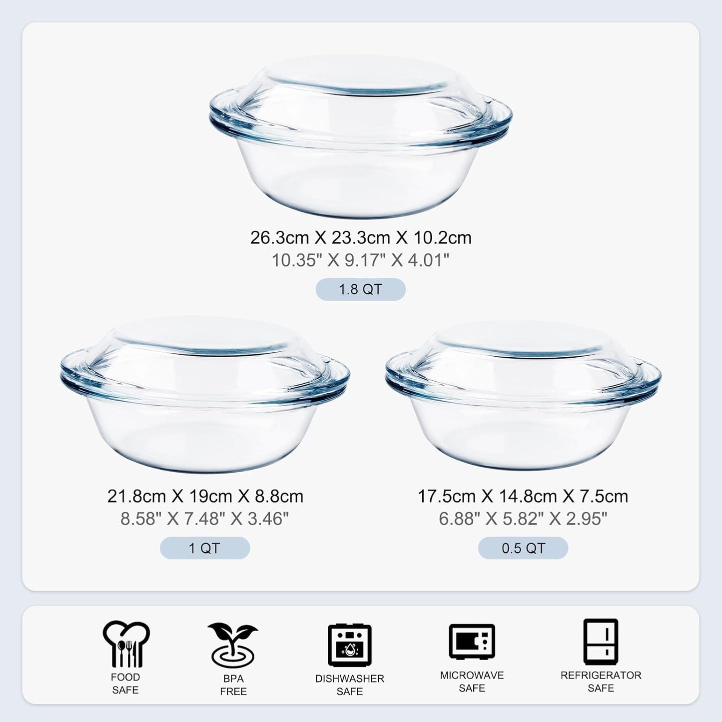 Set of 6 Round Glass Casserole Dishes, Nesting Glass Baking Dish Set with Lid, Oven, Freezer and Dishwasher Safe. - 0.5QT+1QT+1.8QT