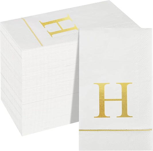 Ottin 120 Gold Foil Monogrammed Letter H Paper Guest Tower Elegant Metallic Initial Disposable Dinner Napkins for Bathroom Wedding Bridal Shower Engagement Banquet Rehearsal
