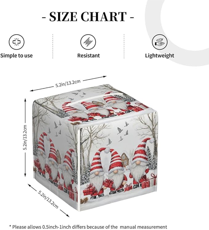 Christmas Gnomes Tissue Box Cover Leather Tissue Box Case Holder Decorative Facial Paper Organizer for Car Bathroom Tabletop