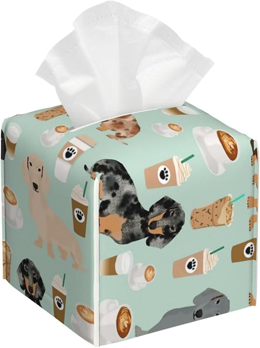 Tissue Box Cover Cute Colored Coffee Dachshund Modern PU Leather Square Tissue Box Holder - Decorative Holder/Organizer for Bathroom Vanity Countertop, Night Stands, Office Desk & Car 5"X5"X5"
