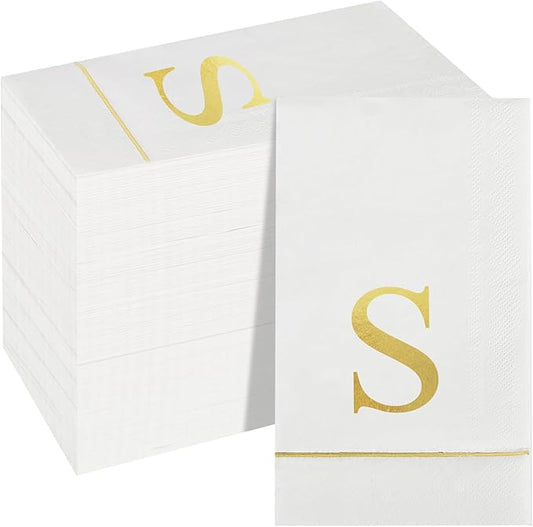 Ottin 120 Gold Foil Monogrammed Letter S Paper Guest Tower Elegant Metallic Initial Disposable Dinner Napkins for Bathroom Wedding Bridal Shower Engagement Banquet Rehearsal