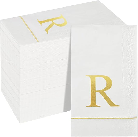 Ottin 120 Gold Foil Monogrammed Letter R Paper Guest Tower Elegant Metallic Initial Disposable Dinner Napkins for Bathroom Wedding Bridal Shower Engagement Banquet Rehearsal