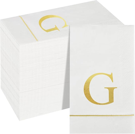 Ottin 120 Gold Foil Monogrammed Letter G Paper Guest Tower Elegant Metallic Initial Disposable Dinner Napkins for Bathroom Wedding Bridal Shower Engagement Banquet Rehearsal