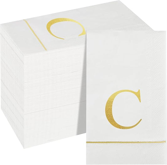 Ottin 120 Gold Foil Monogrammed Letter C Paper Guest Tower Elegant Metallic Initial Disposable Dinner Napkins for Bathroom Wedding Bridal Shower Engagement Banquet Rehearsal