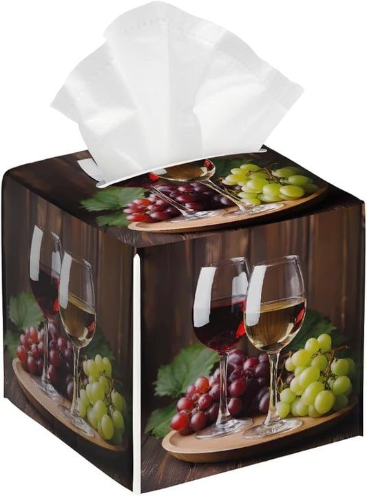 Red Wine Glass Grapes Tissue Box Cover Leather Tissue Box Case Holder Decorative Facial Paper Organizer for Car Bathroom Tabletop