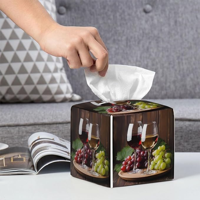 Red Wine Glass Grapes Tissue Box Cover Leather Tissue Box Case Holder Decorative Facial Paper Organizer for Car Bathroom Tabletop