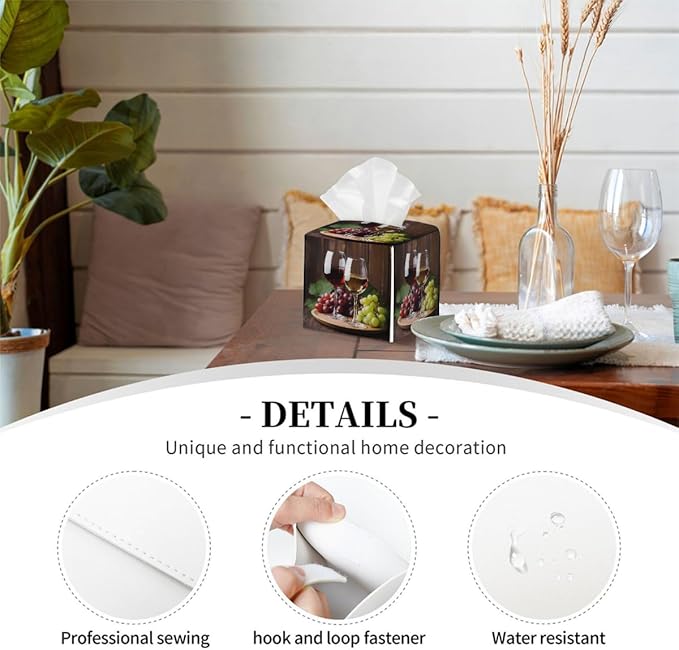 Red Wine Glass Grapes Tissue Box Cover Leather Tissue Box Case Holder Decorative Facial Paper Organizer for Car Bathroom Tabletop