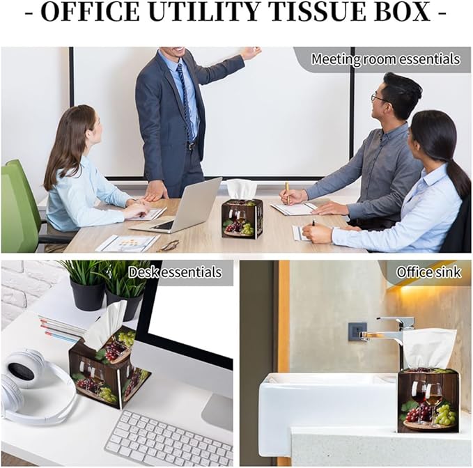 Red Wine Glass Grapes Tissue Box Cover Leather Tissue Box Case Holder Decorative Facial Paper Organizer for Car Bathroom Tabletop