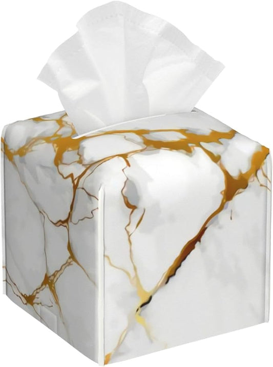 Tissue Box Cover White Marble Gold Grain Watermark Background Design Modern PU Leather Square Tissue Box Holder Decorative Organizer for Bathroom Vanity Countertop, Night Stands, Office Desk & Car