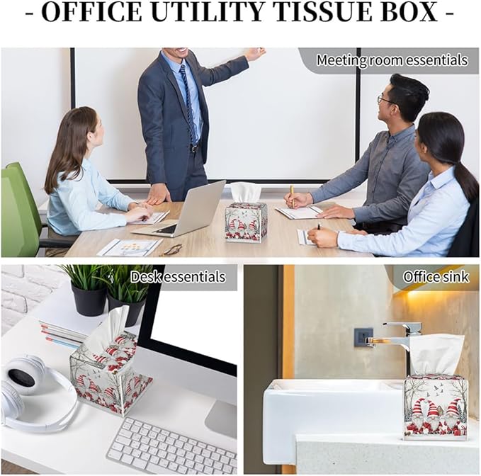 Christmas Gnomes Tissue Box Cover Leather Tissue Box Case Holder Decorative Facial Paper Organizer for Car Bathroom Tabletop