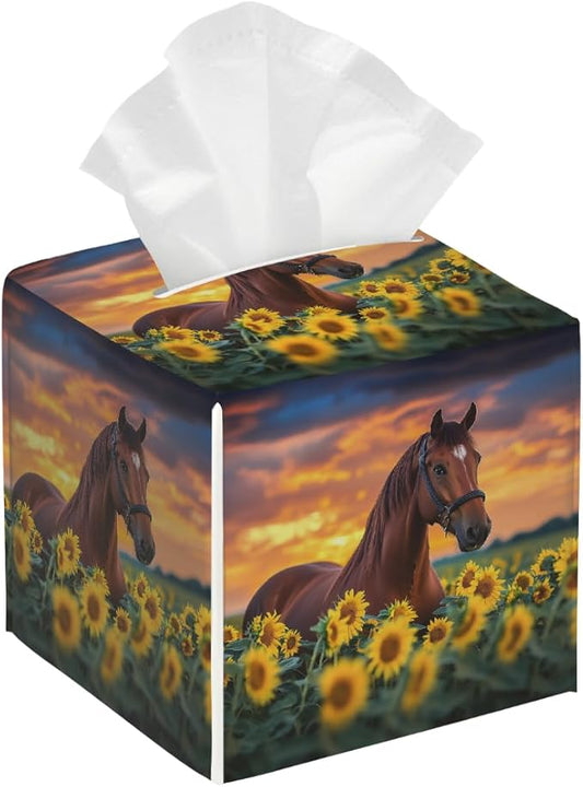 Sunflower Horse Tissue Box Cover Leather Tissue Box Case Holder Decorative Facial Paper Organizer for Car Bathroom Tabletop