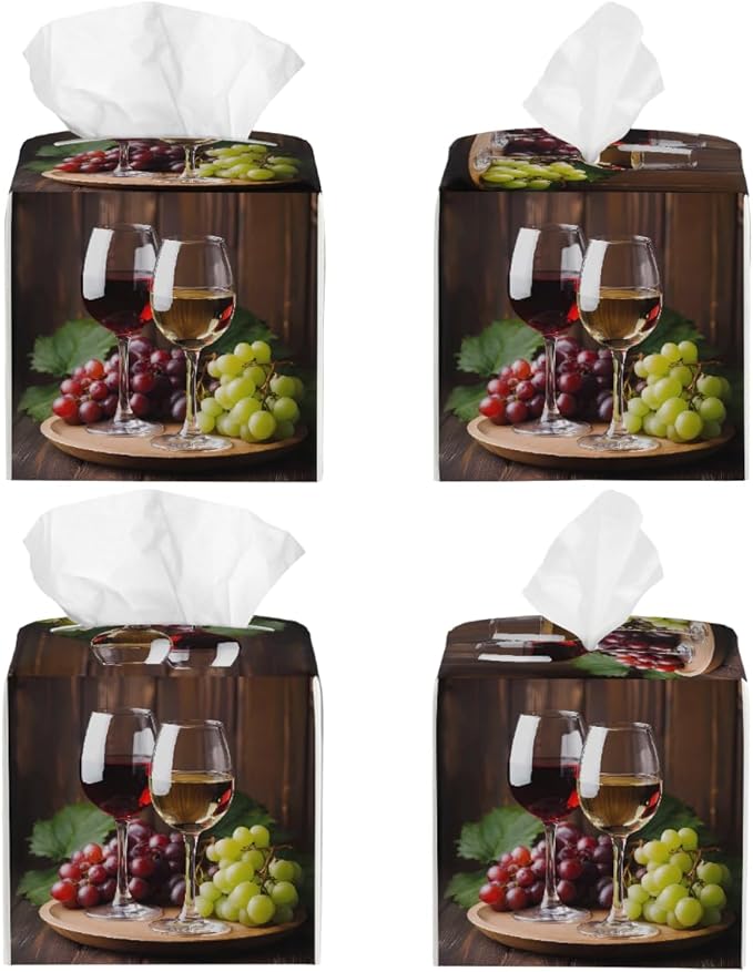Red Wine Glass Grapes Tissue Box Cover Leather Tissue Box Case Holder Decorative Facial Paper Organizer for Car Bathroom Tabletop