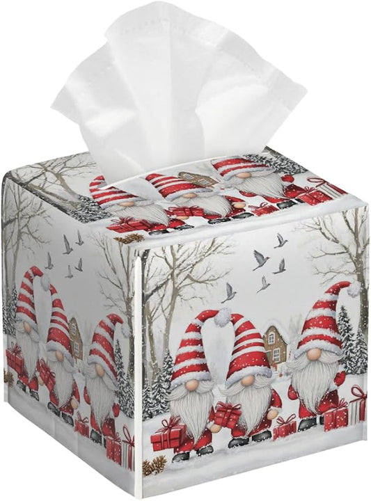 Christmas Gnomes Tissue Box Cover Leather Tissue Box Case Holder Decorative Facial Paper Organizer for Car Bathroom Tabletop