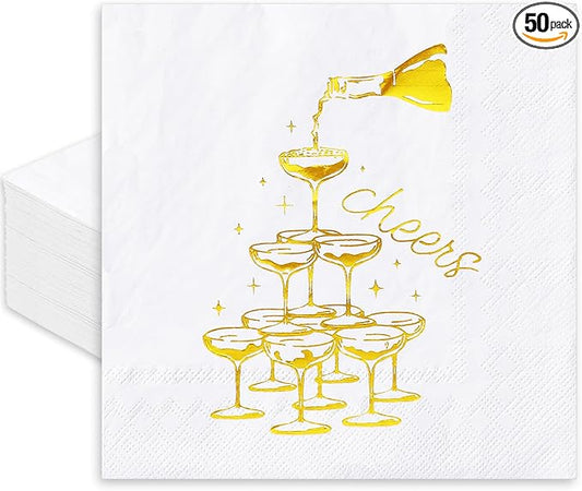 JarThenaAMCS 50 Pcs Champagne Tower Cocktail Napkin Disposable Paper Napkin Gold Foil Drink Beverage Napkins for Home Party Table Supplies Decor