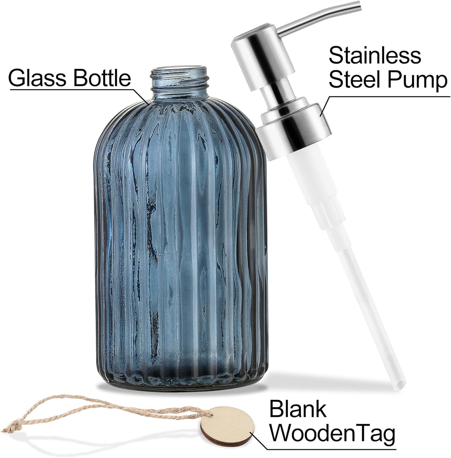 16 OZ Soap Dispenser，Tempered Glass Clear Vertical Stripe with 304 Rust Proof Stainless Steel Pump Refillable Liquid Hand Soap Dispenser，for Bathroom, Kitchen, Dish Soap，Lotion (Blue Grey)