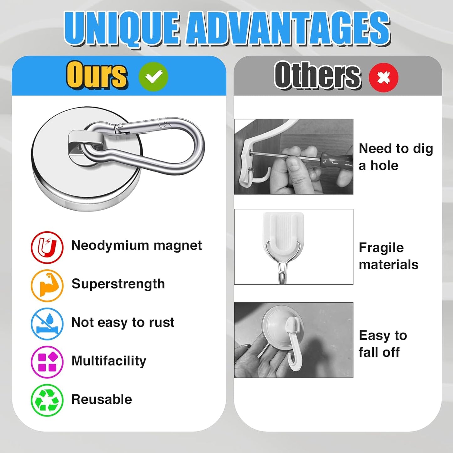 Magnetic Hooks Heavy Duty 150Lbs, 4 Pack Super Strong Magnetic Hooks with Swivel Carabiner for Cruise, Black Neodymium Magnet Hooks Magnetic Wall Hanger for Hanging, Toolbox, Grill, Cabins