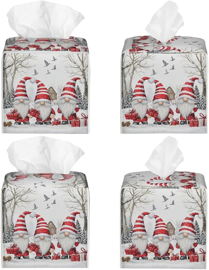 Christmas Gnomes Tissue Box Cover Leather Tissue Box Case Holder Decorative Facial Paper Organizer for Car Bathroom Tabletop