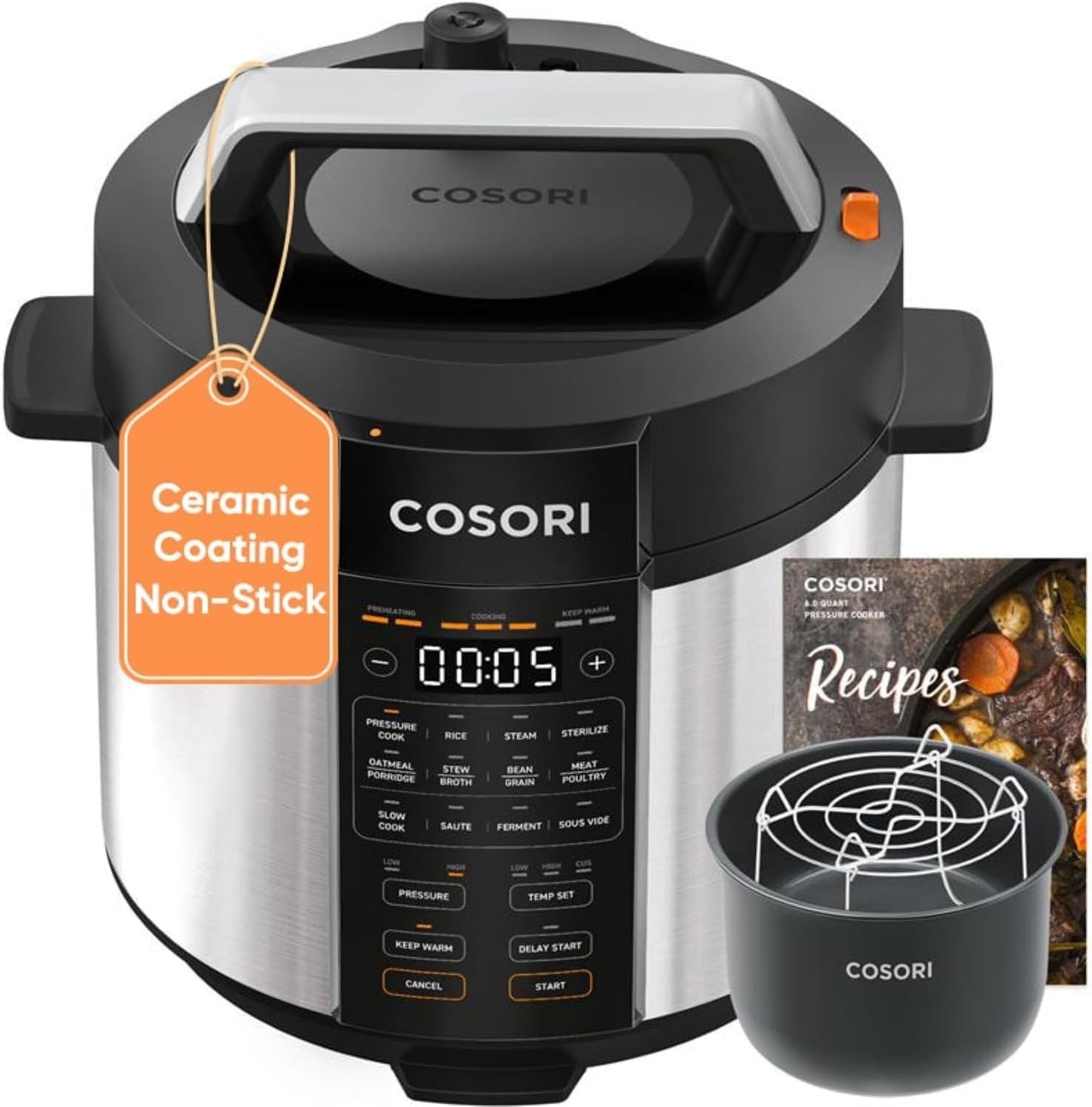 COSORI Pressure Cooker 6QT Stainless Steel – 9-in-1 Multi Cooker, 12 Safety Features, Ceramic Inner Pot, Rice, Slow Cook, Sous Vide, Saute, 1100W