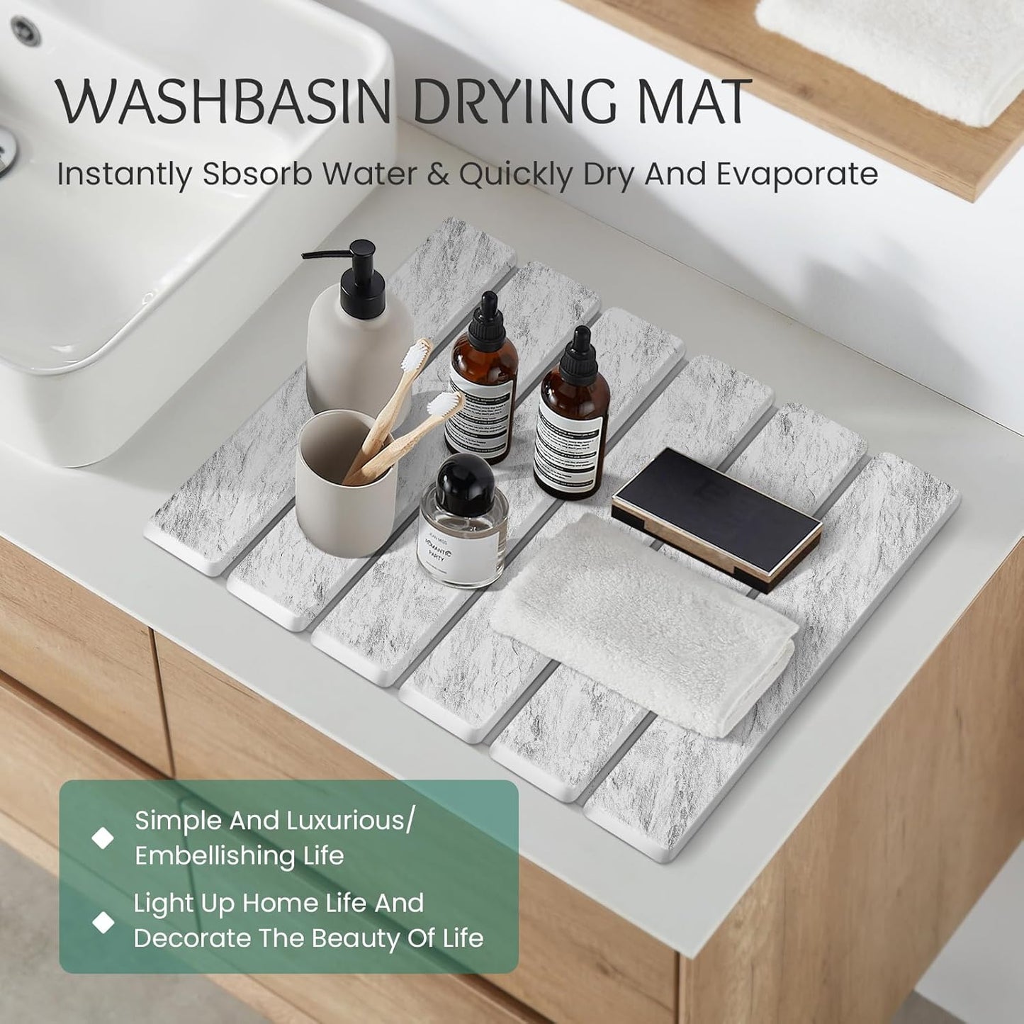 Stone Dish Drying Mat Collapsible Diatomaceous Earth Absorbent Mat Quick Dish Drying Pad Dish Rack Pad Match Any Counter to Multiple Usage for Kitchen,Bathroom