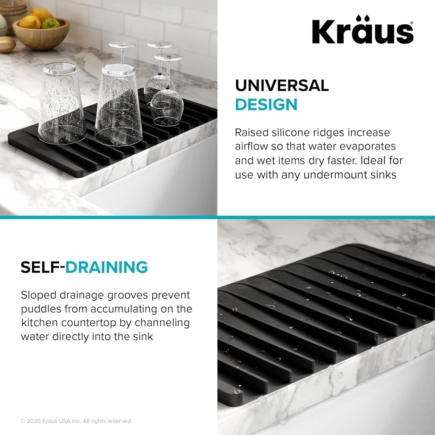 Kraus Self-Draining Silicone Dish Drying Mat and Silicone Soap Dish Holder for Bathroom or Kitchen Counter in Black, KDM-10-05BL