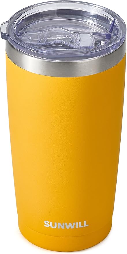 SUNWILL Travel Coffee Tumbler 20 oz, Insulated Mug with Lid, Stainless Steel Cup for Hot and Cold Drinks, Powder Coated Yellow