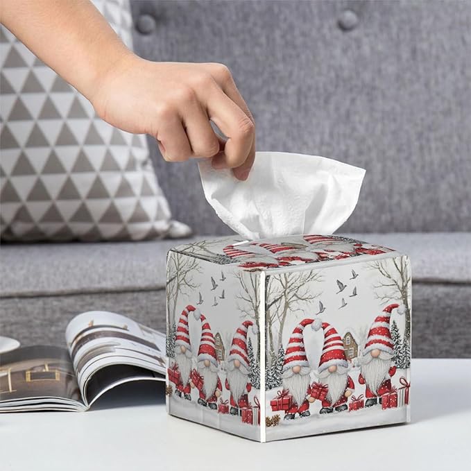 Christmas Gnomes Tissue Box Cover Leather Tissue Box Case Holder Decorative Facial Paper Organizer for Car Bathroom Tabletop