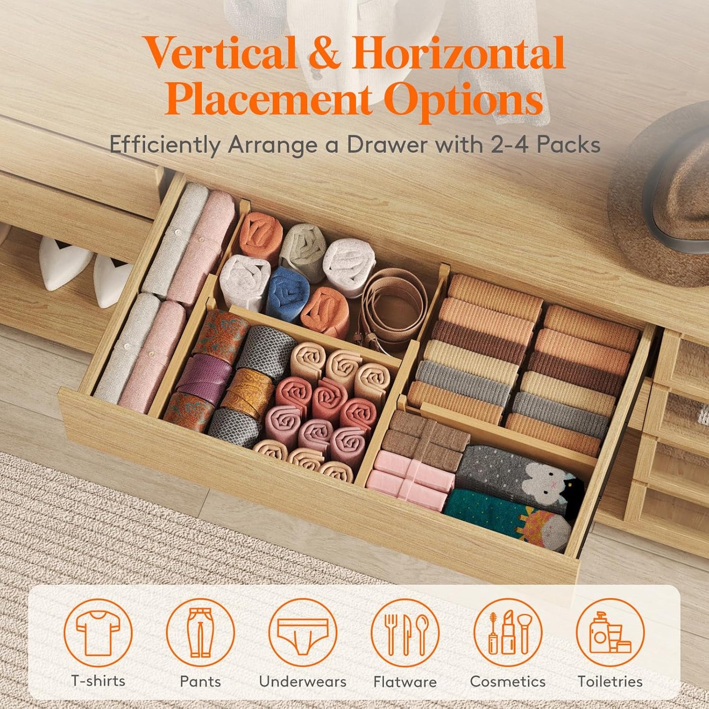 Lifewit 5 Pack Drawer Dividers Bamboo 4" High, 12-17" Adjustable Drawer Organizers for Clothes, Expandable Dresser Separators in Bedroom/Bathroom/Kitchen/Fridge/Office Organization and Storage