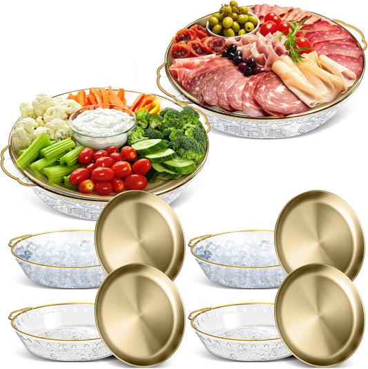 Baderke 6 Set 11.8" Chilled Serving Tray for Parties with Compartments Ice Chilled Party Platter Charcuterie Serving Board Cold Dish Dip for Fruit Seafood Vegetable Shrimp Cocktail (Gold)