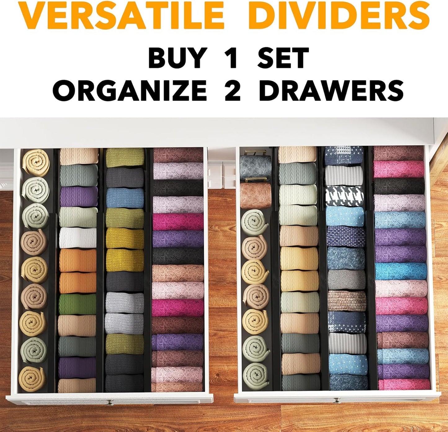 SpaceAid Bamboo Dresser Drawer Dividers 6 Pack, 4.65“ High Adjustable 17“-22” Drawer Organizers, Expandable Organization for Clothing, Clothes, Dressers, Black