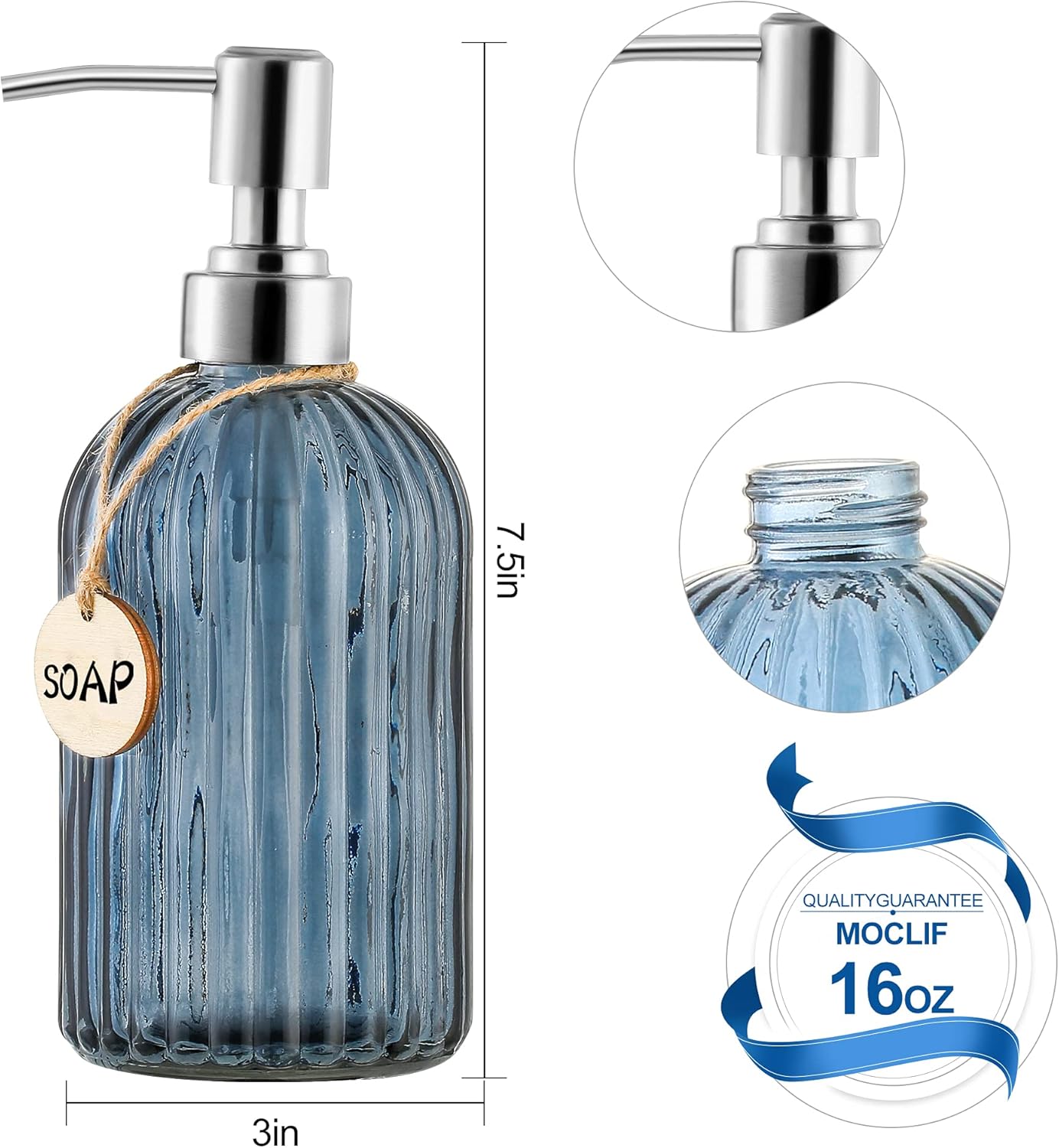 16 OZ Soap Dispenser，Tempered Glass Clear Vertical Stripe with 304 Rust Proof Stainless Steel Pump Refillable Liquid Hand Soap Dispenser，for Bathroom, Kitchen, Dish Soap，Lotion (Blue Grey)