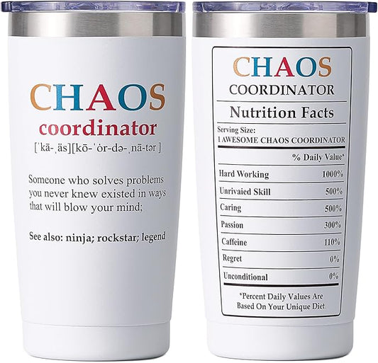 SUNWILL Coffee Tumbler with Lid, Christmas Gifts for Women, Stainless Steel Insulated Mug, CHAOS Coordinator Cups for Birthday, Thank you, Graduation - 20 oz Snow White