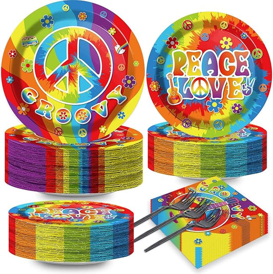 200pcs 60's Hippie Party Plates Napkins Groovy Paper Tableware Set Tie Dye Cake Dessert Disposable Dinnerware 60s 70s Hippie Party Decoration for Baby Shower Birthday Decor Supplies Serves 50