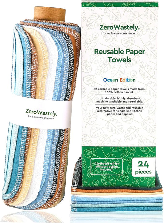 Reusable Paper Towels - Value Pack of 24 Paperless Paper Towels! - 100% Cotton, Super Soft, Absorbent, Washable and Made To Last